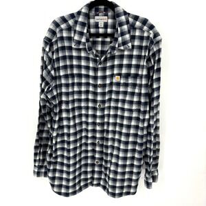 Carhartt Men's 2XL Regular Long Sleeve Plaid Flannel Shirt Navy White Work